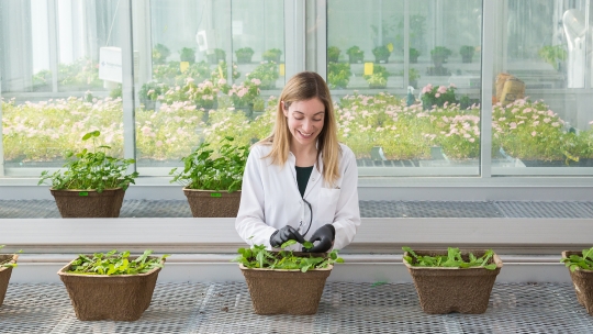 Brock student with plant